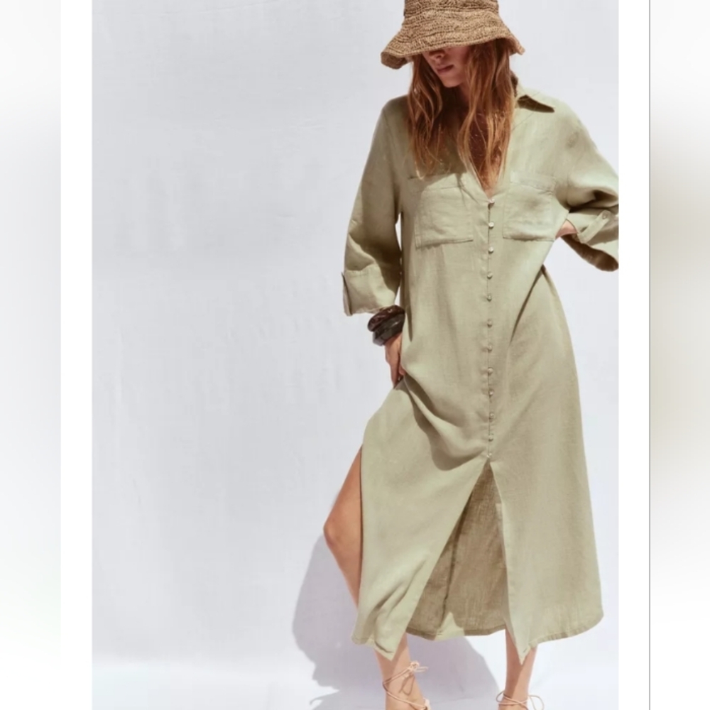 Zara Linen Light Khaki Long Tunic Shirt Dress Sz-L - Picture 5 of 11